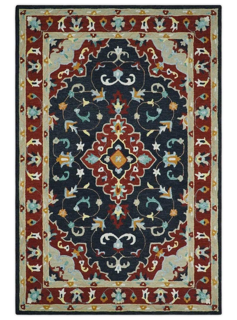 Hand Tufted Black, Rust and Beige Persian Style Antique Oriental Wool Area Rug