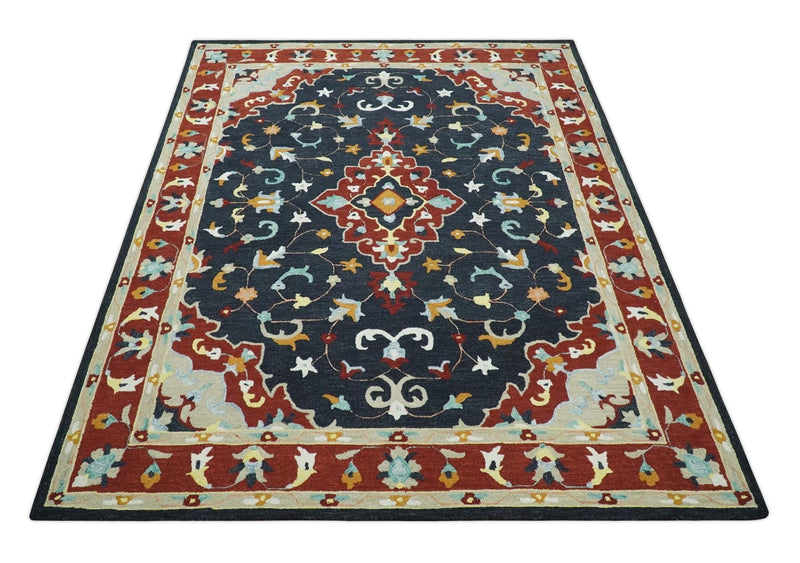 Hand Tufted Black, Rust and Beige Persian Style Antique Oriental Wool Area Rug