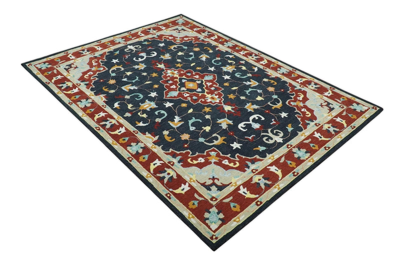 Hand Tufted Black, Rust and Beige Persian Style Antique Oriental Wool Area Rug