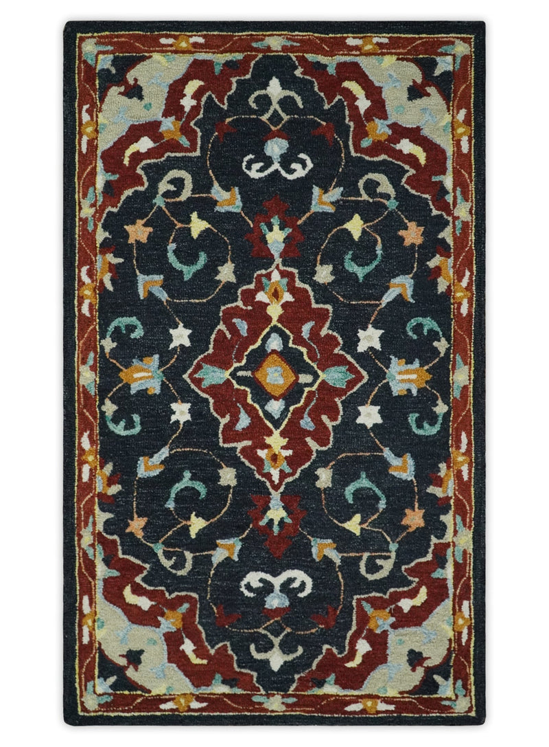 Hand Tufted Black, Rust and Beige Persian Style Antique Oriental Wool Area Rug