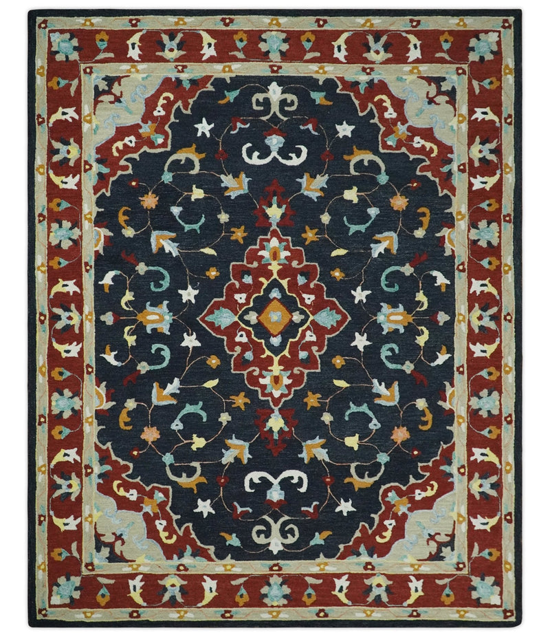 Hand Tufted Black, Rust and Beige Persian Style Antique Oriental Wool Area Rug