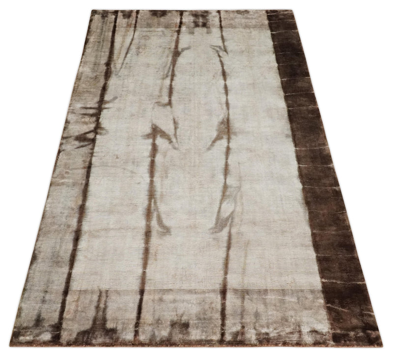 5x8 Hand Woven and Carved Silver and Brown Floral Art Silk Rug | KNT3