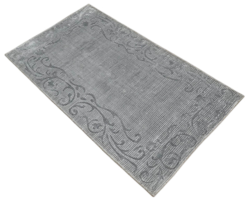 3x5 Hand Woven and Carved Silver and Gray Floral Art Silk Rug | KNT10