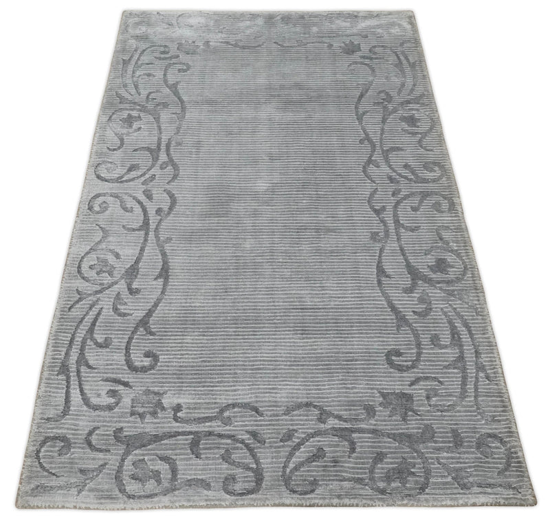 3x5 Hand Woven and Carved Silver and Gray Floral Art Silk Rug | KNT10