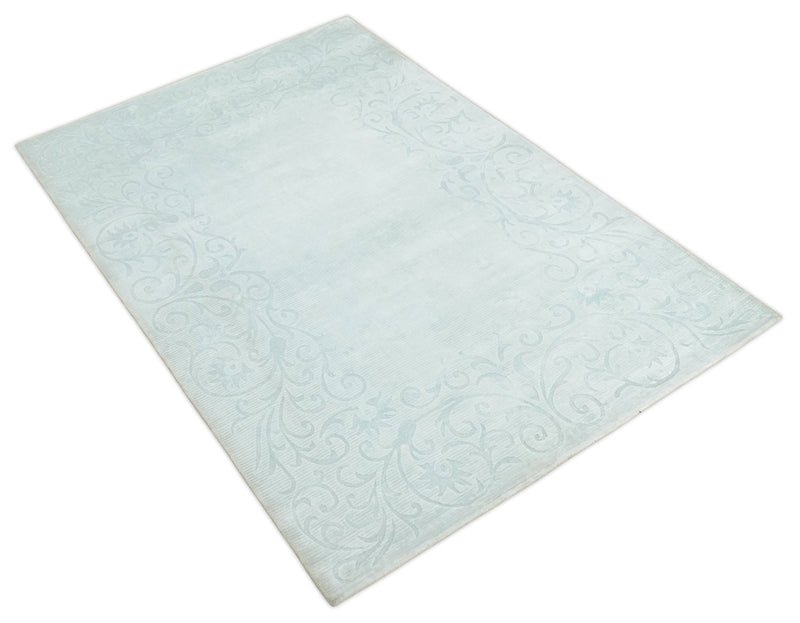 2.6x10 and 5x8 Hand Woven and Carved Silver and Gray Floral Art Silk Rug | KNT6