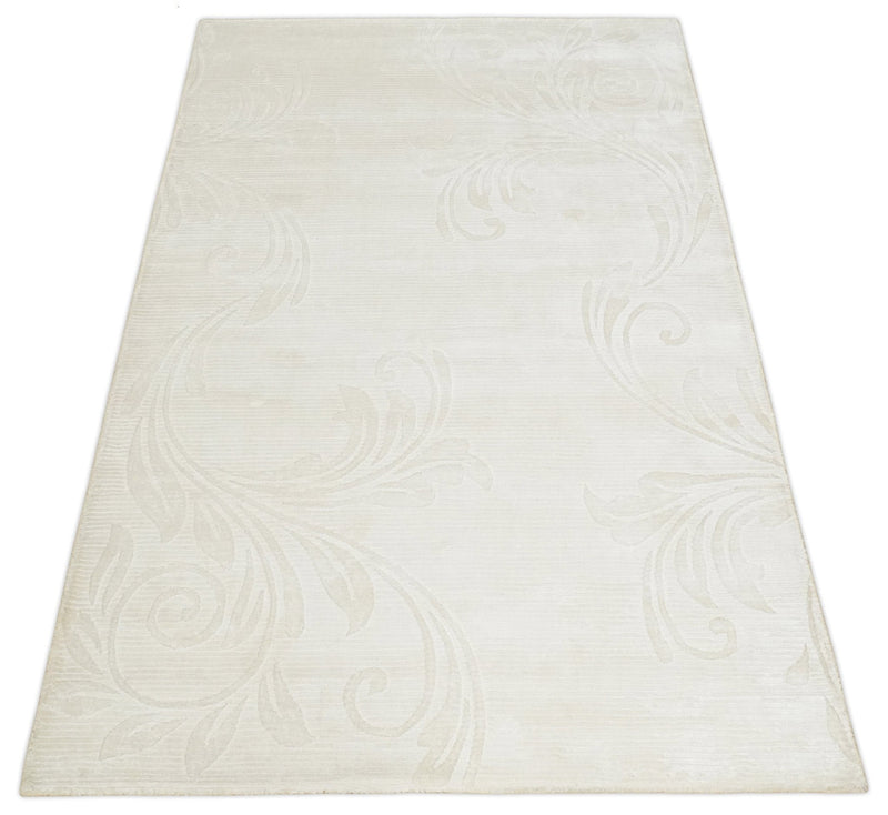 4x6 Hand Woven and Carved Silver and Ivory Floral Art Silk Rug | KNT5