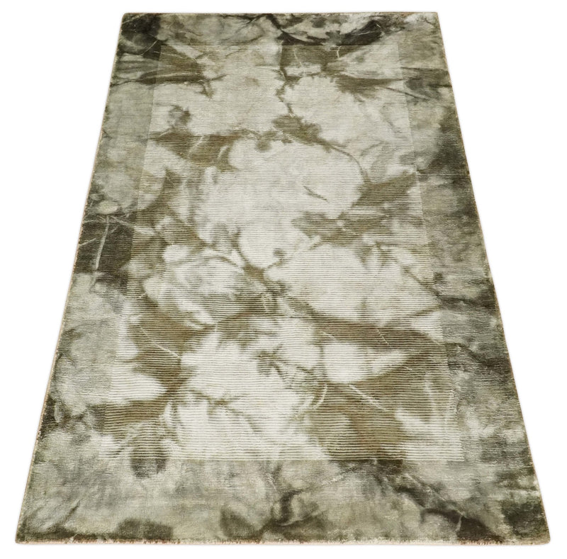 4x6 Modern Abstract Hand Woven Silver and Olive Art Silk Rug | KNT15