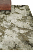 Modern Abstract Art Silk Area Rug 4x6 Feet Hand Woven in Silver and Olive Tones