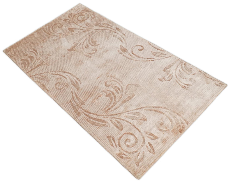 3x5 Hand Woven and Carved Beige and Peach Floral Art Silk Rug | KNT12