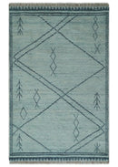 Custom Made Hand Woven Silver and Blue Abstract Trellis Moroccan Rug Made with Blended Wool