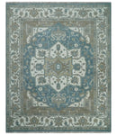 Teal Ivory Olive Hand Knotted Wool Area Rug Traditional Heriz by The Rug Decor