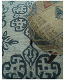 Blue Beige Wool Area Rug 5x8 and 8x11 - Contemporary French Hand Tufted High Pile
