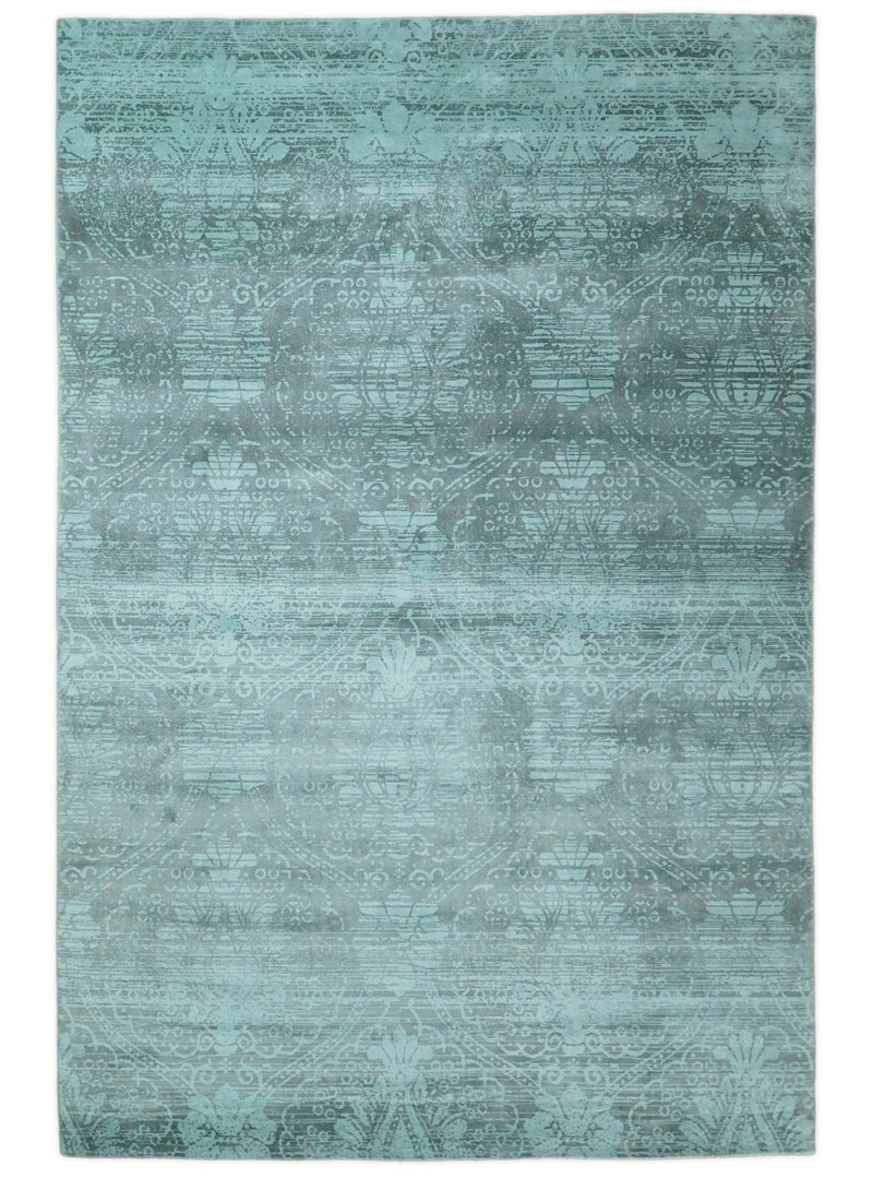 Handmade 6.8x9.10 Floral Blue Turquois Blended Wool and Bamboo Silk Area Rug