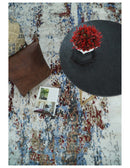 Handmade 8x10 Ivory, Blue and Red Abstract bamboo Silk Area Rug | TRDS2810