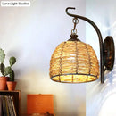 GobekUsa Handmade Asian Style Rattan Sconce with Dome Shade - 1 Light Bedroom Wall Lamp in Brown