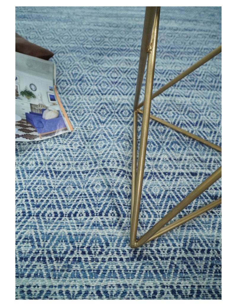 Handmade Boho 5x8 and 8x10 Ivory and Blue Wool Blend Dhurrie Rug | VIK3