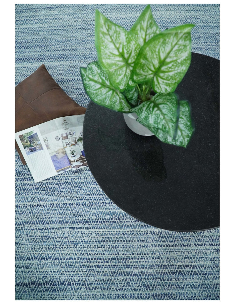 Handmade Boho 5x8 and 8x10 Ivory and Blue Wool Blend Dhurrie Rug | VIK3