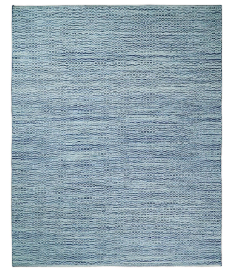 Handmade Boho 5x8 and 8x10 Ivory and Blue Wool Blend Dhurrie Rug | VIK3