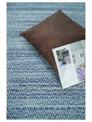 Handmade Boho 5x8 and 8x10 Ivory and Blue Wool Blend Dhurrie Rug | VIK3