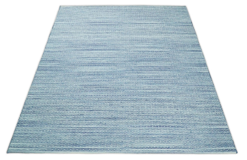 Handmade Boho 5x8 and 8x10 Ivory and Blue Wool Blend Dhurrie Rug | VIK3