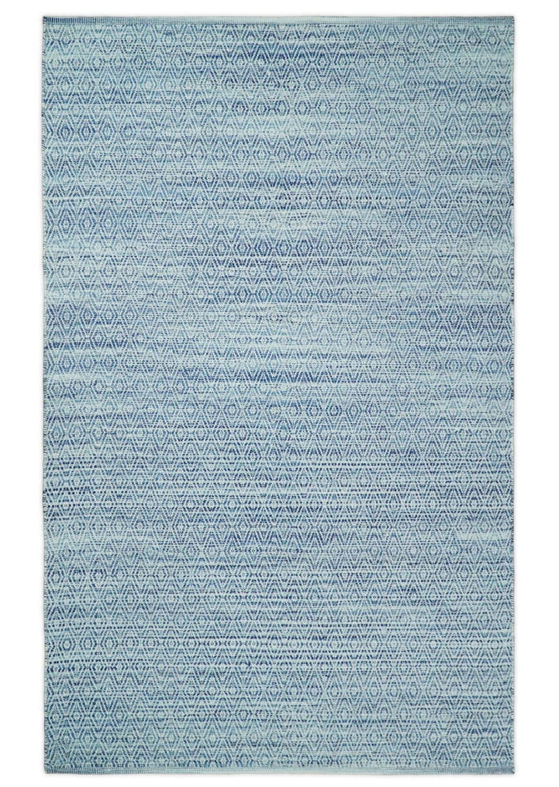 Handmade Boho 5x8 and 8x10 Ivory and Blue Wool Blend Dhurrie Rug | VIK3