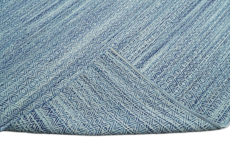 Handmade Boho 5x8 and 8x10 Ivory and Blue Wool Blend Dhurrie Rug | VIK3