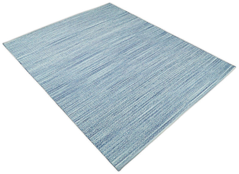 Handmade Boho 5x8 and 8x10 Ivory and Blue Wool Blend Dhurrie Rug | VIK3