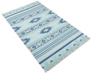 Blue and White Wool Blend Handwoven Dhurrie Rug 5x8 - Boho Tribal Flatweave Reversible Lightweight