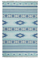 Handmade Boho 2x3, 5x8 and 8x10 White and Blue Wool Blend Dhurrie Rug | VIK1
