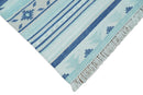 Handmade Boho 2x3, 5x8 and 8x10 White and Blue Wool Blend Dhurrie Rug | VIK1