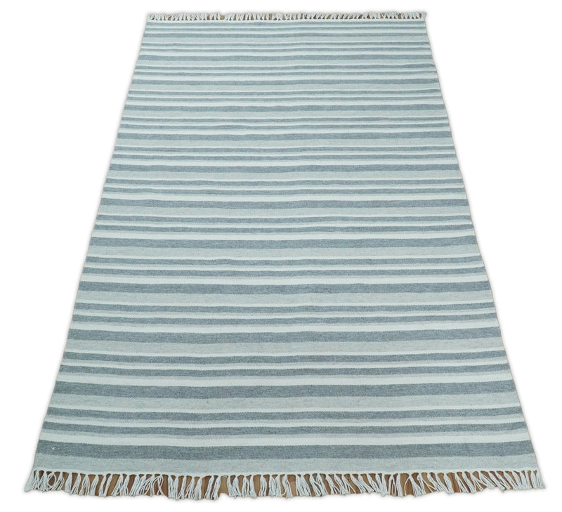 HANDMADE BOHO 5X8 AND 8X10 WHITE AND Gray WOOL BLEND DHURRIE RUG | VIK2