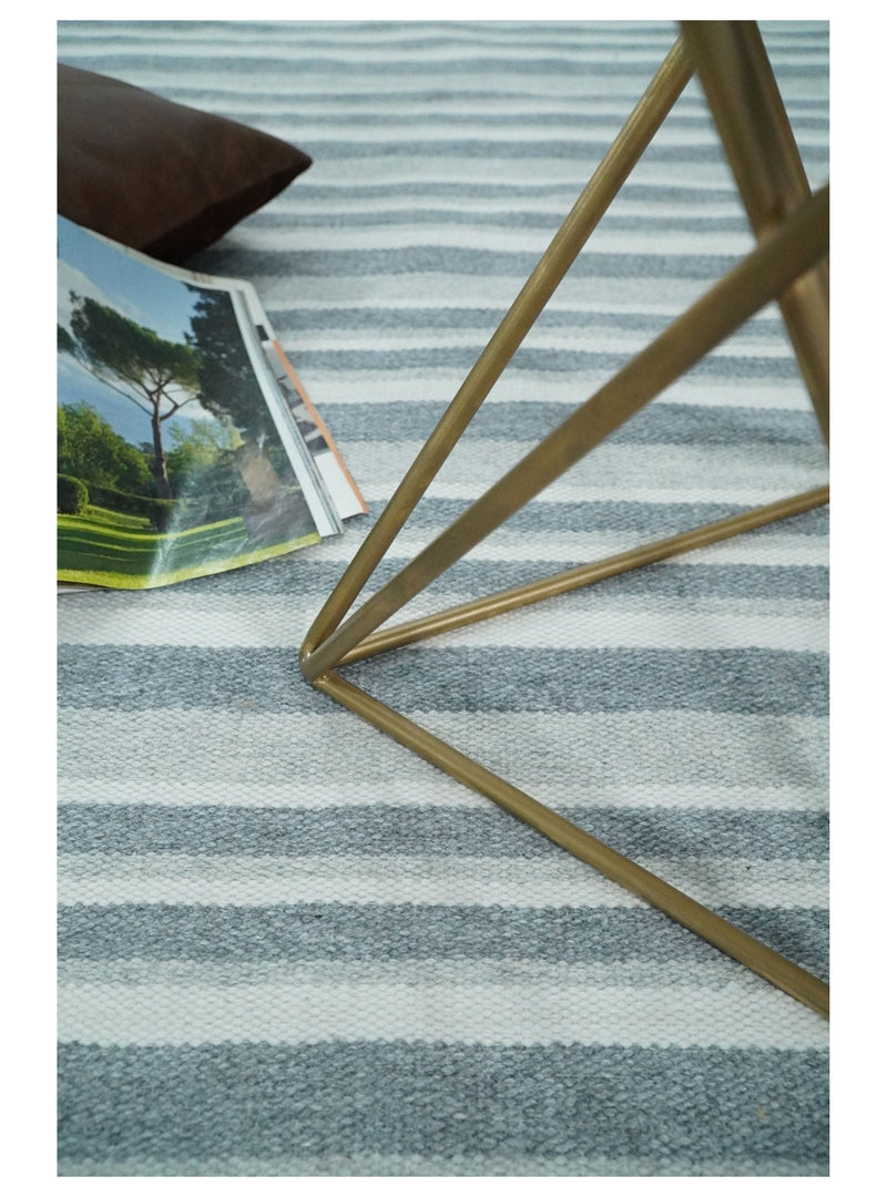 HANDMADE BOHO 5X8 AND 8X10 WHITE AND Gray WOOL BLEND DHURRIE RUG | VIK2