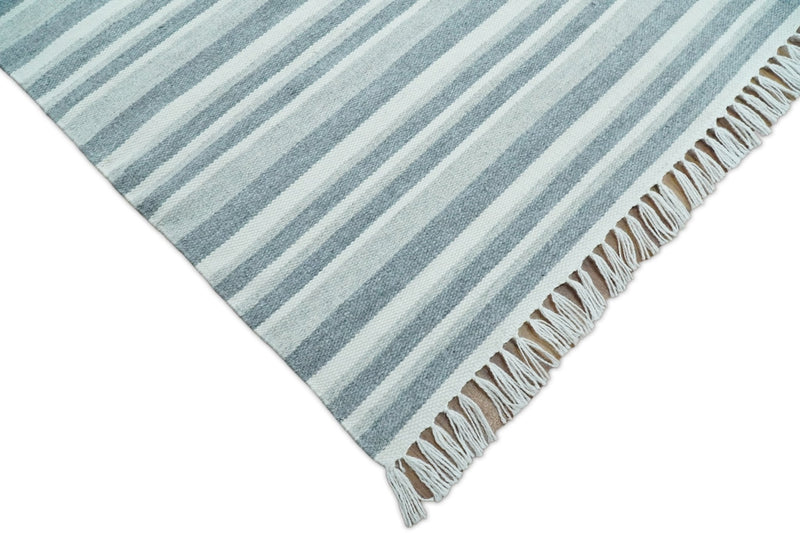 HANDMADE BOHO 5X8 AND 8X10 WHITE AND Gray WOOL BLEND DHURRIE RUG | VIK2