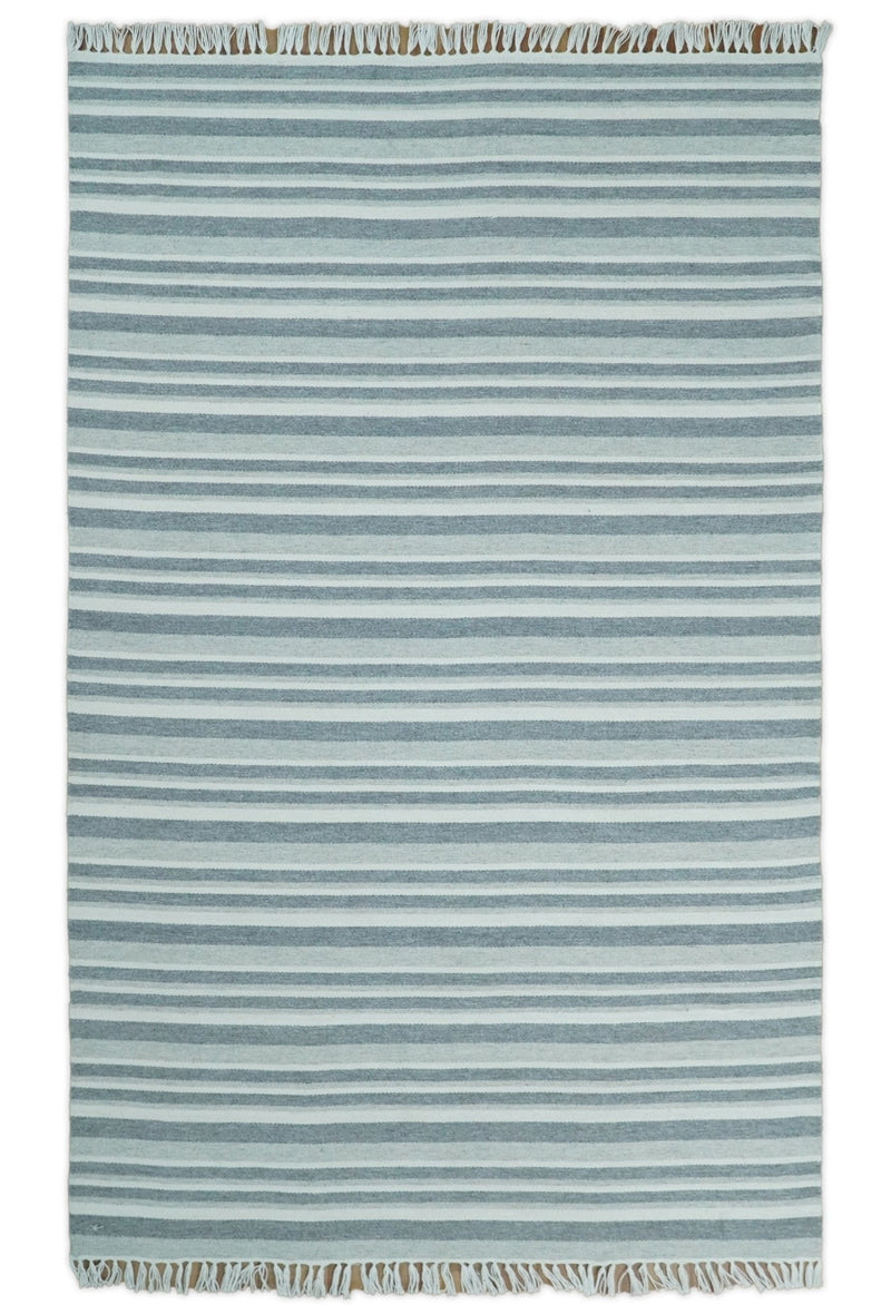 HANDMADE BOHO 5X8 AND 8X10 WHITE AND Gray WOOL BLEND DHURRIE RUG | VIK2