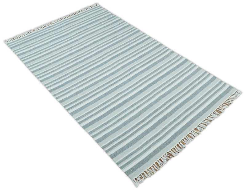 HANDMADE BOHO 5X8 AND 8X10 WHITE AND Gray WOOL BLEND DHURRIE RUG | VIK2