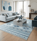 Blue and White Wool Blend Handwoven Dhurrie Rug 5x8 - Boho Tribal Flatweave Reversible Lightweight