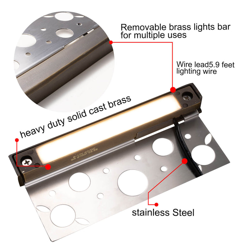 Gardenreet LED Hardscape Light,Cast Brass Housing,Integrated 3W 2700/3000K LED Light Source, LED Step Light, 7 Inches Long,Low Voltage 12V AC/DC (2701)