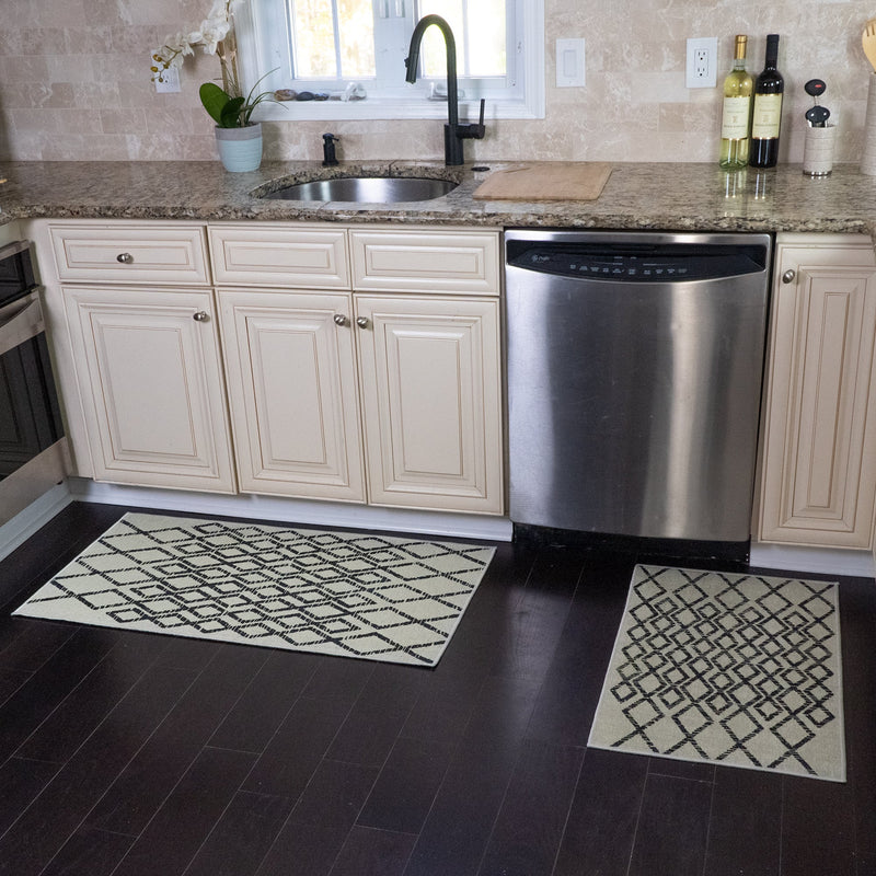 Geometric Diamond Design Non Skid Washable Kitchen Runner Rugs Set of 2| 44 x 24 and 31.5 x 20 Inches Floor Mats |Ivory