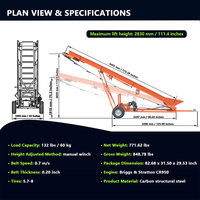 Heavy-Duty Commercial 6.5HP Gasoline Hydraulic High-Speed Wood Conveyor (SAK39524)