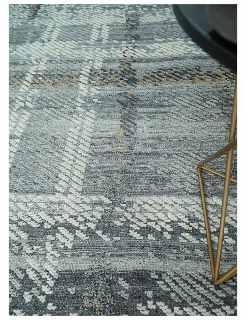 High-Low Ivory, Gray and Charcoal 8x10 hand knotted Contemporary wool Area rug