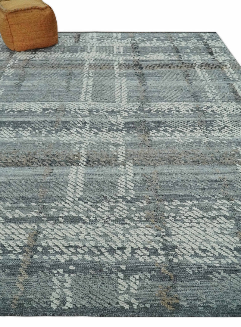 High-Low Ivory, Gray and Charcoal 8x10 hand knotted Contemporary wool Area rug