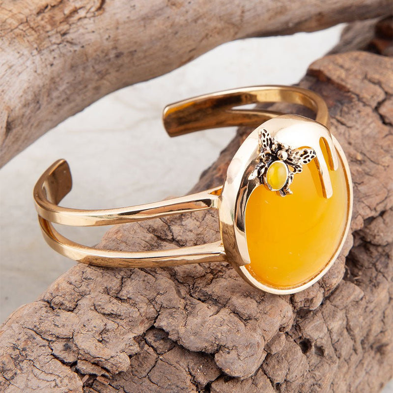 Honey Bee Yellow Agate Golden Cuff Bracelet