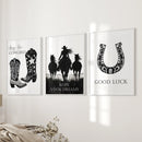 Black White Western Cowgirl 3 Piece Art. Boots, Horseshoe by Wall Art Set