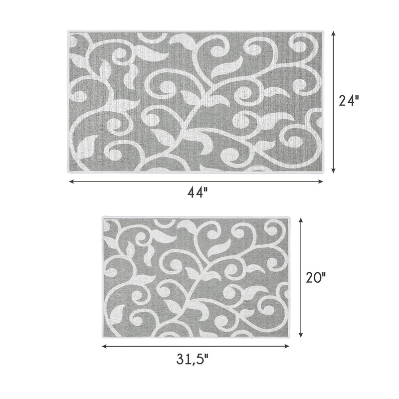Floral Design Non Skid Washable Kitchen Runner Rugs Set of 2| 44 x 24 and 31.5 x 20 Inches Floor Mats |Gray