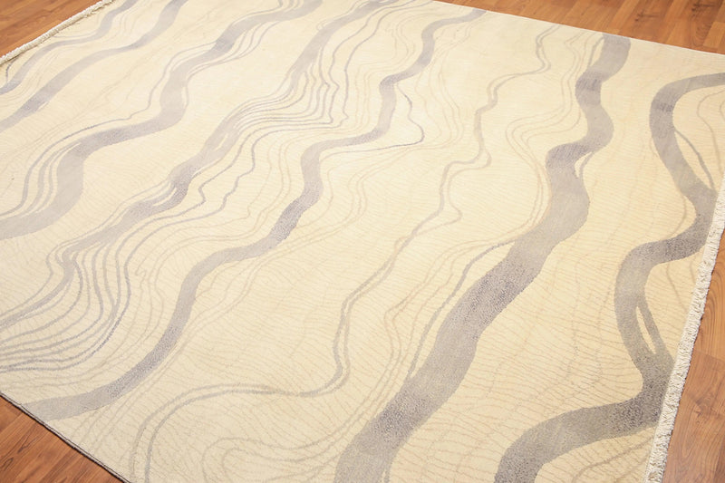 8x10 Ivory Hand Knotted Modern Sand Bars Abstract 100% Wool Pile Area Rug