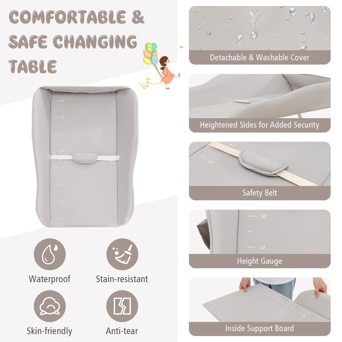 Baby Diaper Changing Table with Water Basin Wheel-Gray, photo 8 of 8