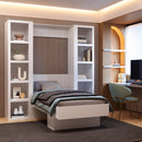 Easy-Lift Full Murphy Wall Bed in White with Two Bookshelves
