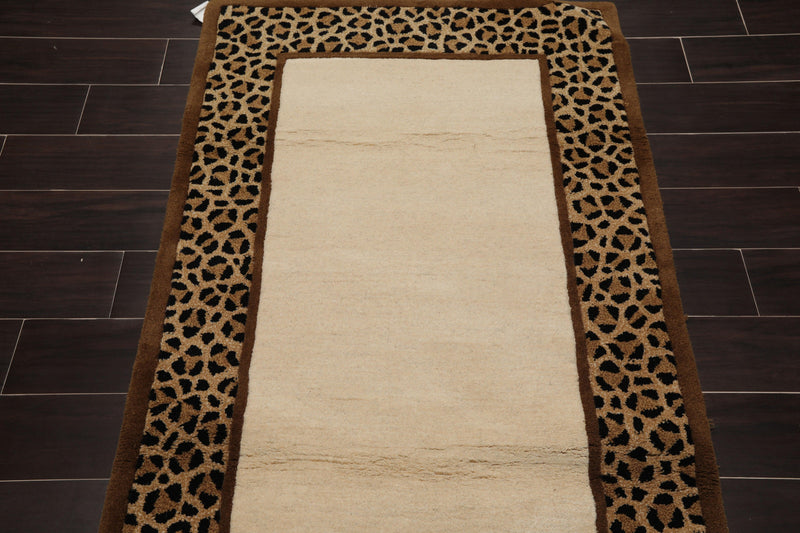3'3" x 5'3"  Handmade 100% Wool Cheetah Print Border Oriental Area Rug Ivory