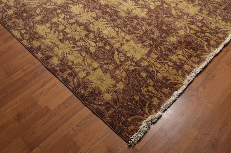 9' x 12' Hand Knotted Erased Pattern Botanical Wool Pile Area Rug Brown