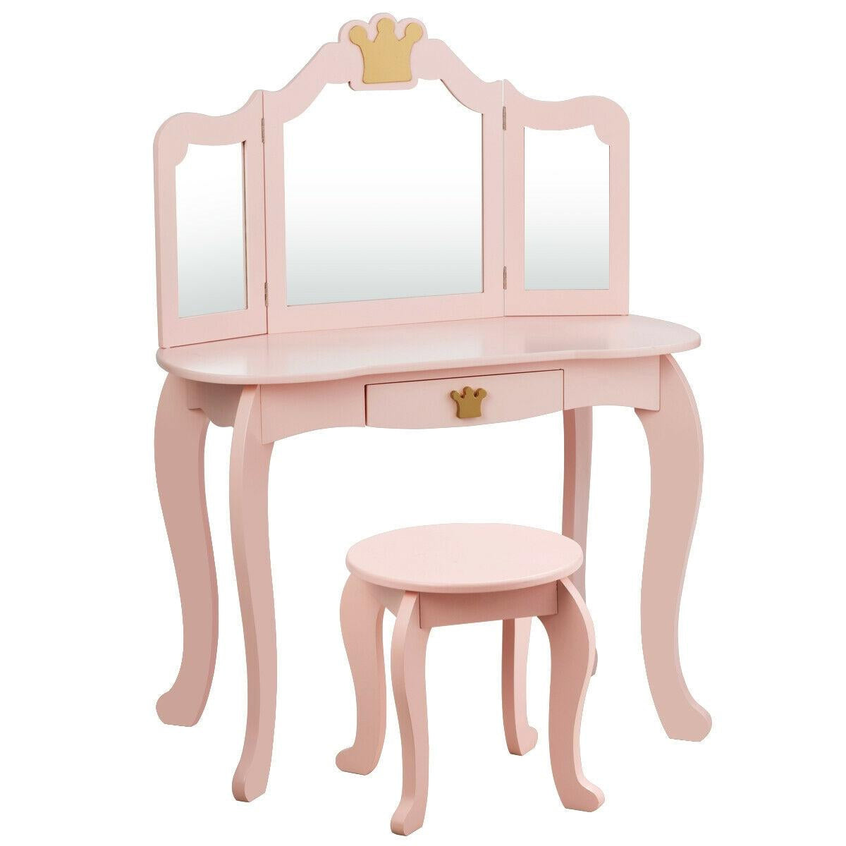 Kids Makeup Dressing Table with Tri-folding Mirror and Stool-Pink, photo 3 of 8